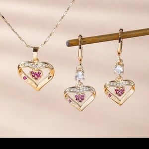 Gold and Pink Sapphire Heart Pendant Jewelry Set ~ Perfect For Valentine's Day